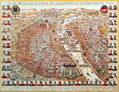 Plan of Paris, bordered by a chronological series of portraits of the kings of France from Pharamond to Louis XIV by French School